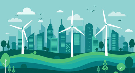 Obraz premium Illustration of a cityscape with wind turbines, rolling hills, and scattered trees under a blue sky
