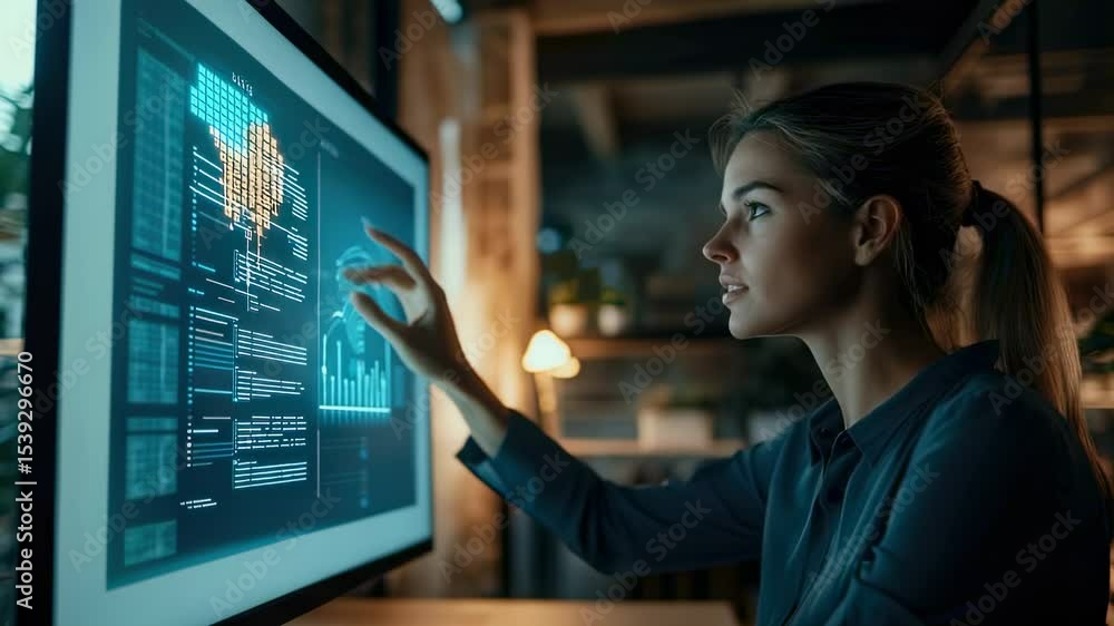 Aufkleber woman interacting with data visualization on a large computer screen in a modern office