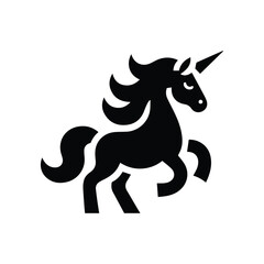 Fototapeta premium Stylized black and white unicorn head with sparkles in a circular frame. Minimal fantasy animal logo in vector silhouette style.