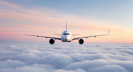 Naklejka premium Passenger Airplane Flying Over Puffy White Clouds at Colorful Sunset