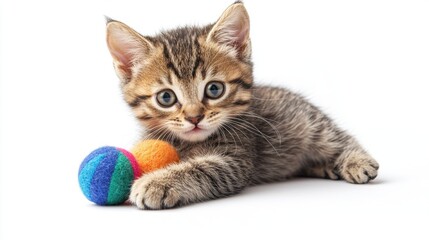 Fototapeta premium Striped Kitten with Colorful Balls on White Background