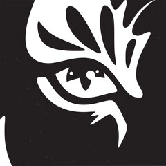 A close up illustration of a tiger's face with orange and black stripes and a yellow eye staring forward