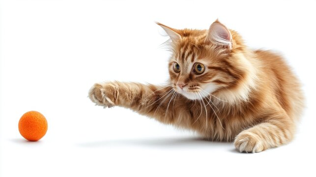 Ginger Kitten Reaching for Orange Ball on White