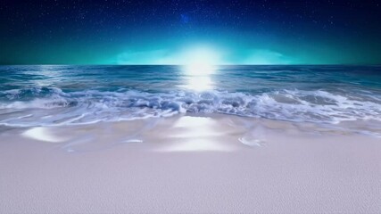 Loopable animation of ocean waves gently washing onto moonlit sandy beach, serene blue night seascape perfect for relaxation, meditation, and calming nature backgrounds - Powered by Adobe