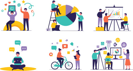 Business Teamwork illustrations. Mega set. Collection of scenes with men and women taking part in business activities. Trendy style