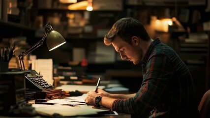 Man writing at desk with typewriter in vintage office