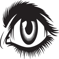 A stylized black and white illustration of a human eye with detailed eyelashes and eyebrow art