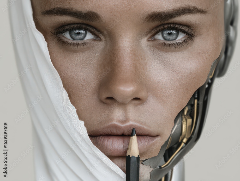 Aufkleber exploring the intersection of humanity and technology, a close-up portrait of a robotic figure highl