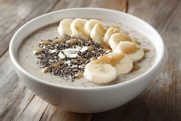 Banana Slices on Oatmeal with Chia Seeds and Caramel Drizzle