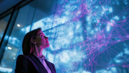 Woman in suit looking at digital network display with blue and pink hues - Powered by Adobe