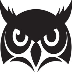 A stylized black owl head with large eyes and pointed ears on a light beige background design image