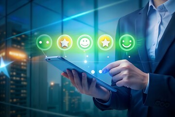 Businessperson analyzing customer feedback on tablet