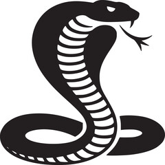 A striking black and white illustration of a cobra with detailed hood and visible forked tongue design