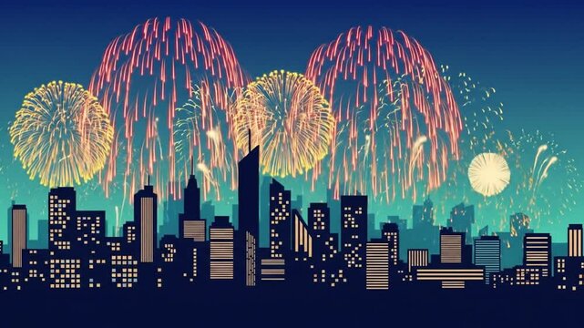 Celebrating New Year Fireworks Over City Skyline At Night