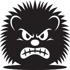 Illustration of a black furry creature with angry eyes and sharp teeth on a light gray background