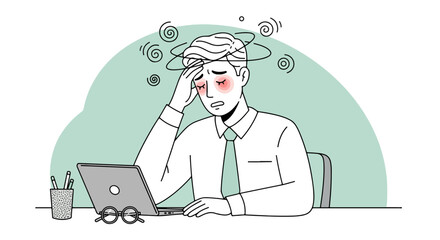 Stressed man with hands covering face at desk with laptop and pens