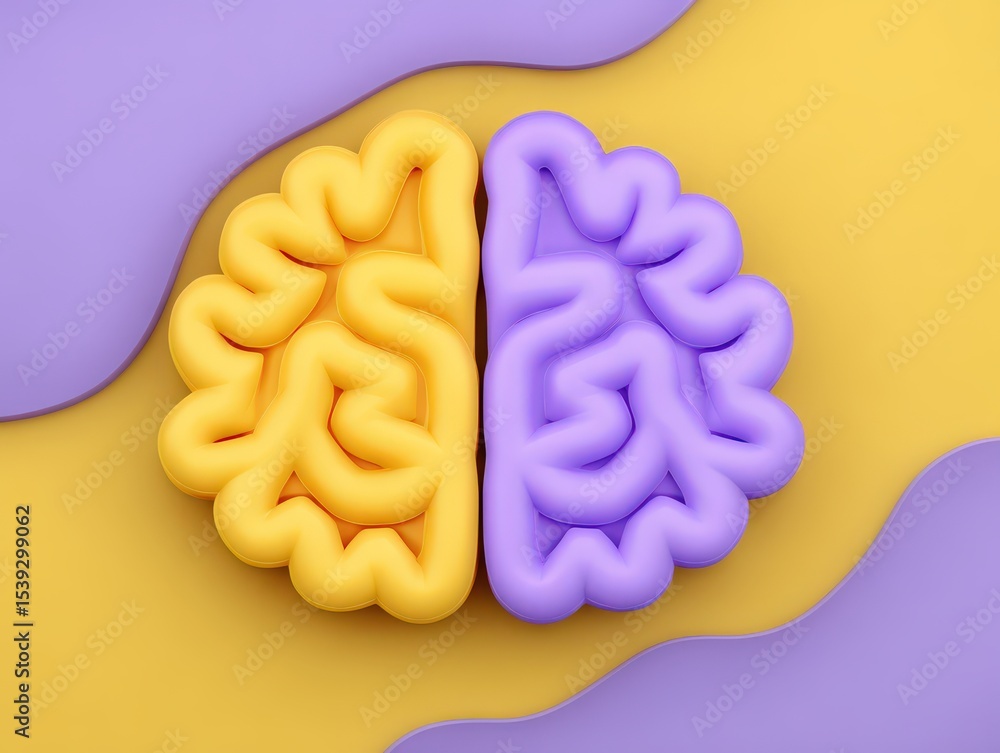 Poster brightly colored stylized brain illustration highlighting cognitive functions and emotions segmented