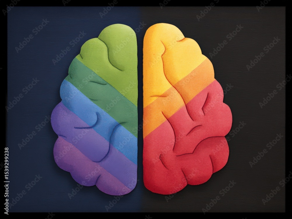 Poster vibrant abstract representation of a human brain split into two halves showcasing a colorful spectru