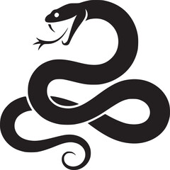 A stylized black snake coiled with its tongue out on a white background in a graphic design style