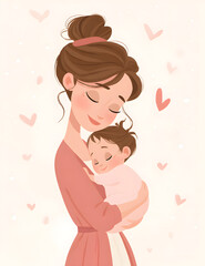 Fototapeta premium Sweet pastel illustration of a loving mother gently holding her sleeping baby, surrounded by soft hearts on a light background.