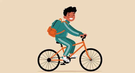 Fototapeta premium Young male cyclist riding bright orange bicycle with black tires and green backpack