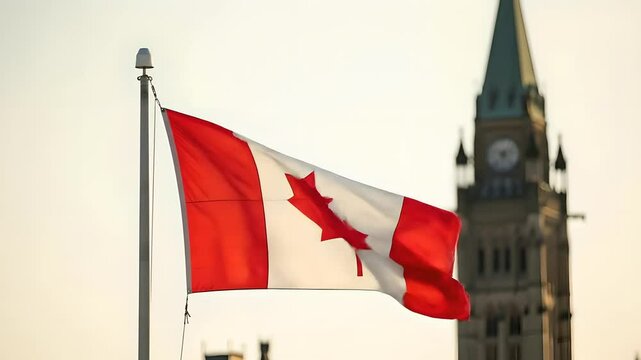 Canadian flag waving before Parliament Hill tower, Ottawa. Symbolizes Canada Day, government, national identity, patriotism, political power, and Canadian culture.