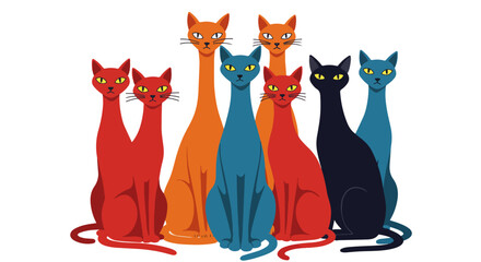 Six cartoon cats in a row, each with unique colors, facing forward on a light beige background