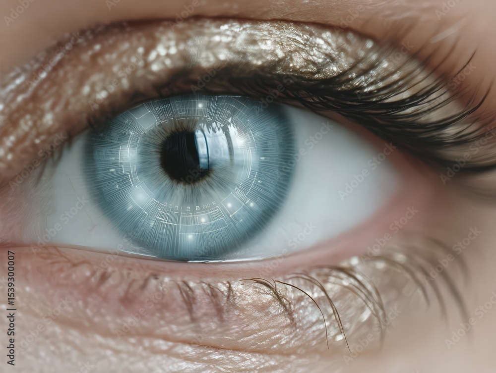 Poster close-up view of a human eye reflecting advanced technology with intricate circuit patterns showcasi