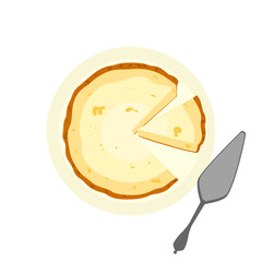 Cute style cake cheesecake, cream cheese, circle, cut, top view, flat design, isolated on white. Vector illustration set of bakery, cafe, food menu, dessert, birthday cake, party, celebration.