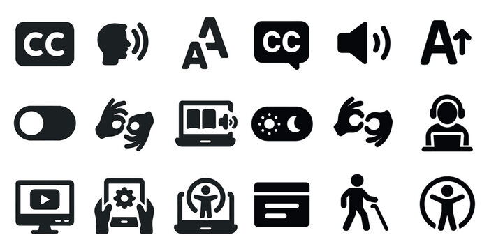 Accessibility tools solid icons set – silhouette, assistive, inclusive tech symbols