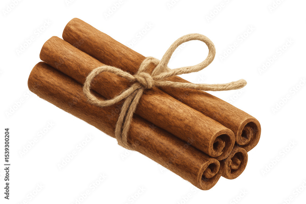 Poster close-up of cinnamon sticks tied with twine, isolated on a transparent background, ready for use in 