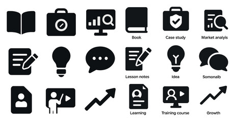Education and business solid icons set – learning, case study, growth tools