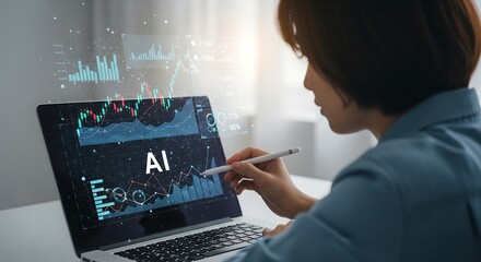 A woman working on a laptop displaying AI with data charts, graphs, and graphics overlays. Focus on technology, artificial intelligence, and analytics.