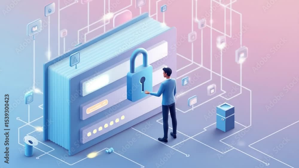 Poster isometric illustration of a man unlocking digital file cabinet with padlock on a digital network