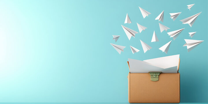 Paper planes are flying out of an open brown box, seemingly suspended in mid-air. Creativity and imagination theme, symbolizing ideas taking flight