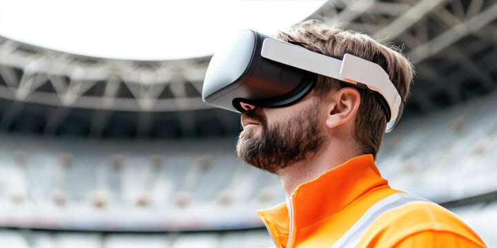 A man wearing a virtual reality headset stands in a stadium. Technology, innovation, futuristic, virtual reality, immersive experience - Powered by Adobe
