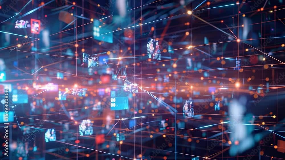 Poster abstract network visualization with glowing connections and floating screens