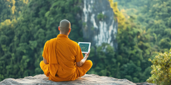 A person in orange robe sits cross-legged on a cliff, holding a tablet, overlooking a lush forest. Connection between technology and nature
