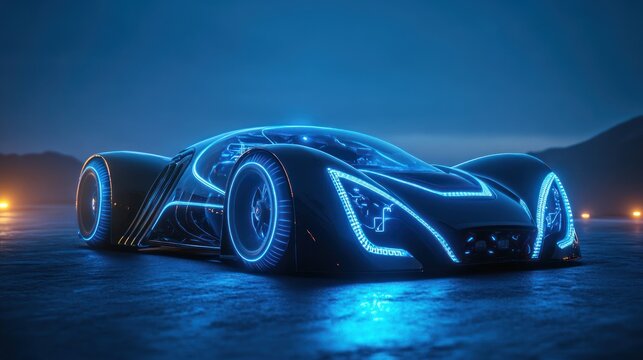Sleek futuristic electric car concept design with vibrant blue neon details