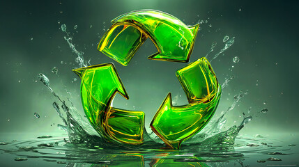Vibrant Green Recycling Symbols Spinning in Water Create a Dynamic Tribute to Environmental Sustainability and Eco-Consciousness