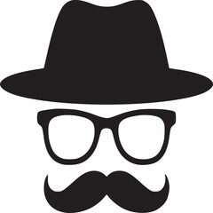A simple graphic of a black hat glasses and mustache on a beige background in a flat design style