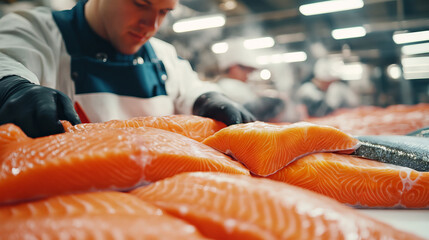 Worker sorting fresh salmon fillets in fish processing plant.