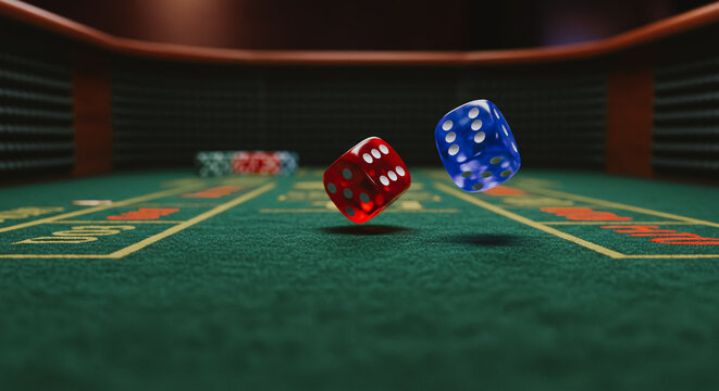 Dice mid-air on a casino craps table. - Powered by Adobe