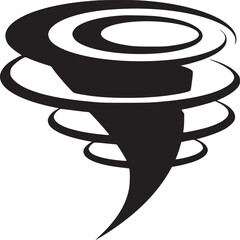 A black and white graphic illustration of a tornado with circular bands around it design art