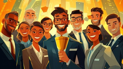 Diverse business team celebrates corporate success with golden trophy award