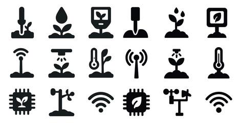 Smart farming and gardening solid icons set – silhouette, agricultural, sustainability tools