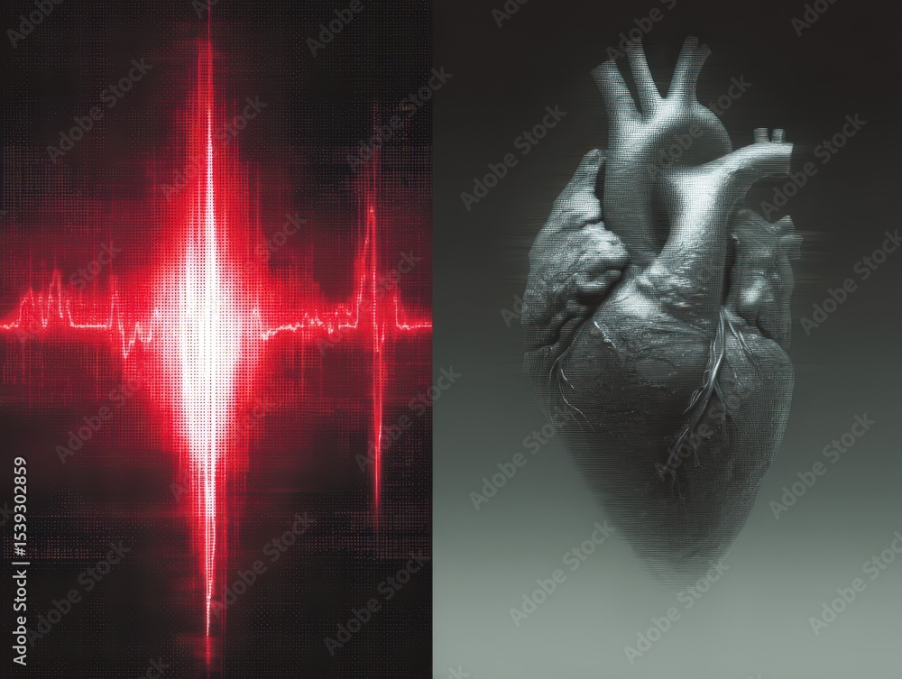 Poster heartbeat visualization with realistic human heart illustration and pulse graph representing life fo