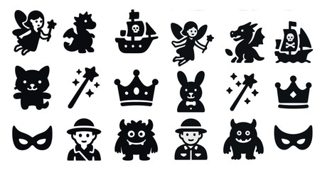 Fairy tale magic icons set – solid, silhouette, fantasy and mythical symbols
