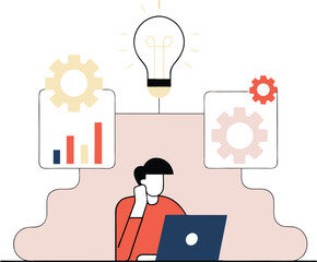 Businessman, Thinking for Business Idea Vector Illustration, Creative Planning and Innovation Concept in Flat Design
