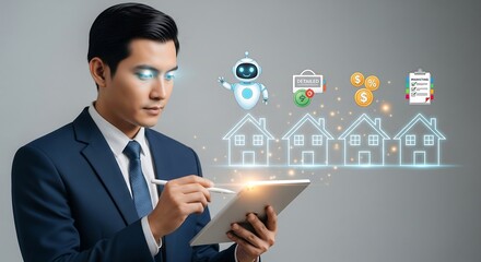 A man in a suit uses a tablet in front of house icons and digital overlays. Symbols represent information and services for real estate, with a futuristic feel.